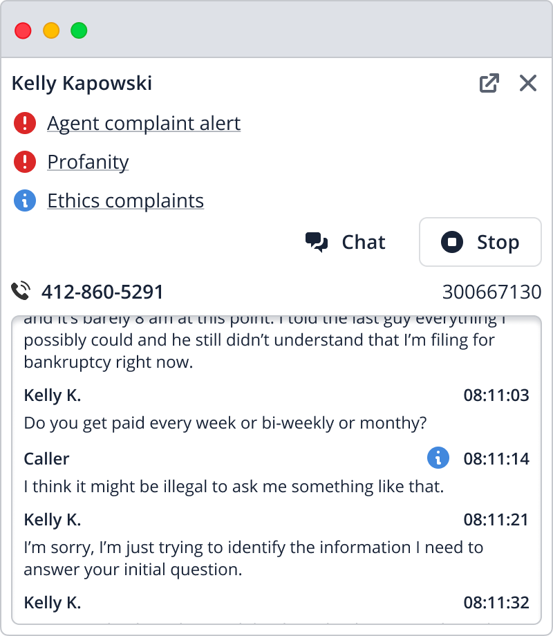 Call monitoring card showing flagged compliance alerts, action controls, and a live call transcript snippet