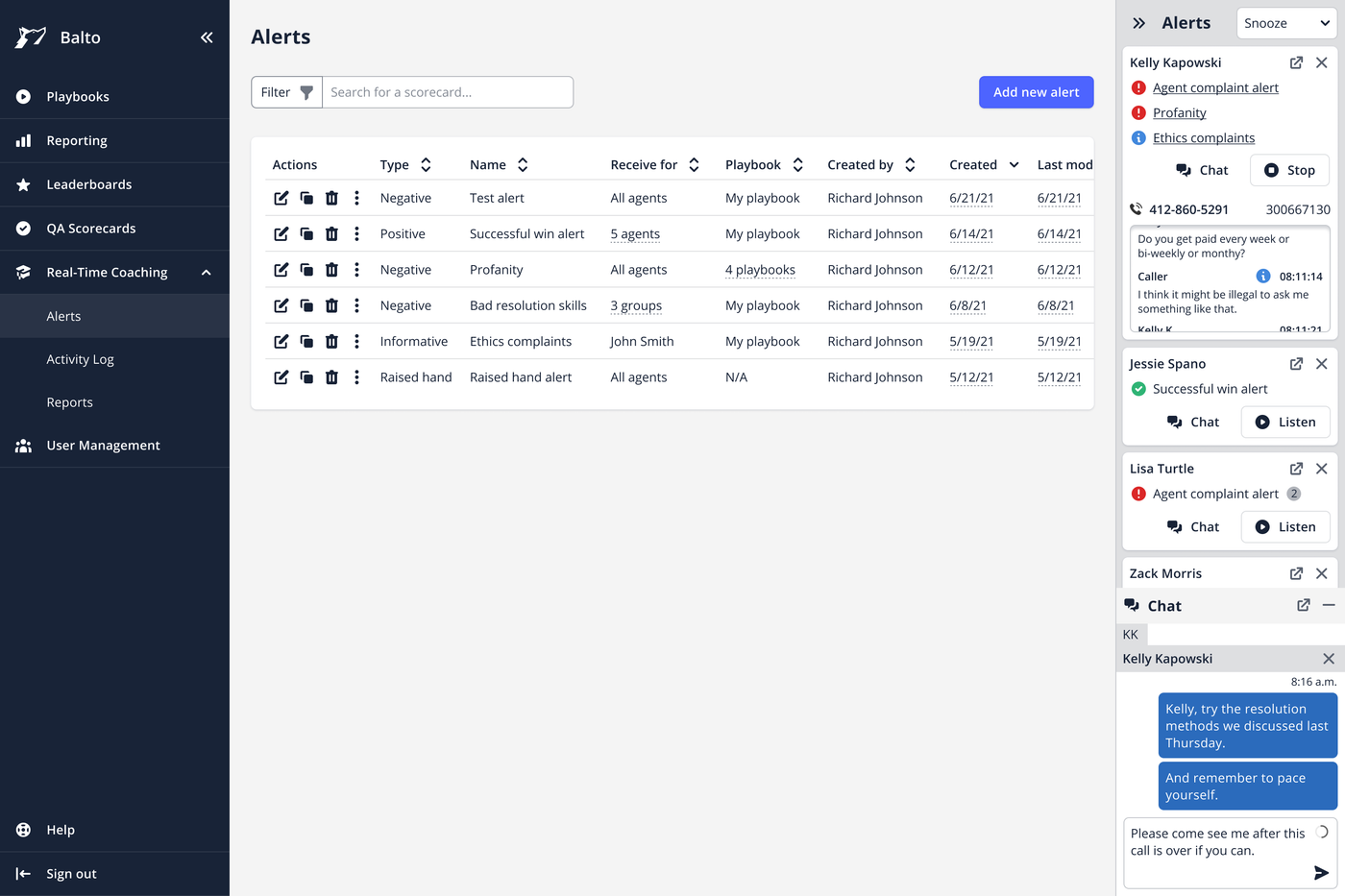 Balto web application interface showing configured alerts table alongside a live supervisor feed and chat sidebar