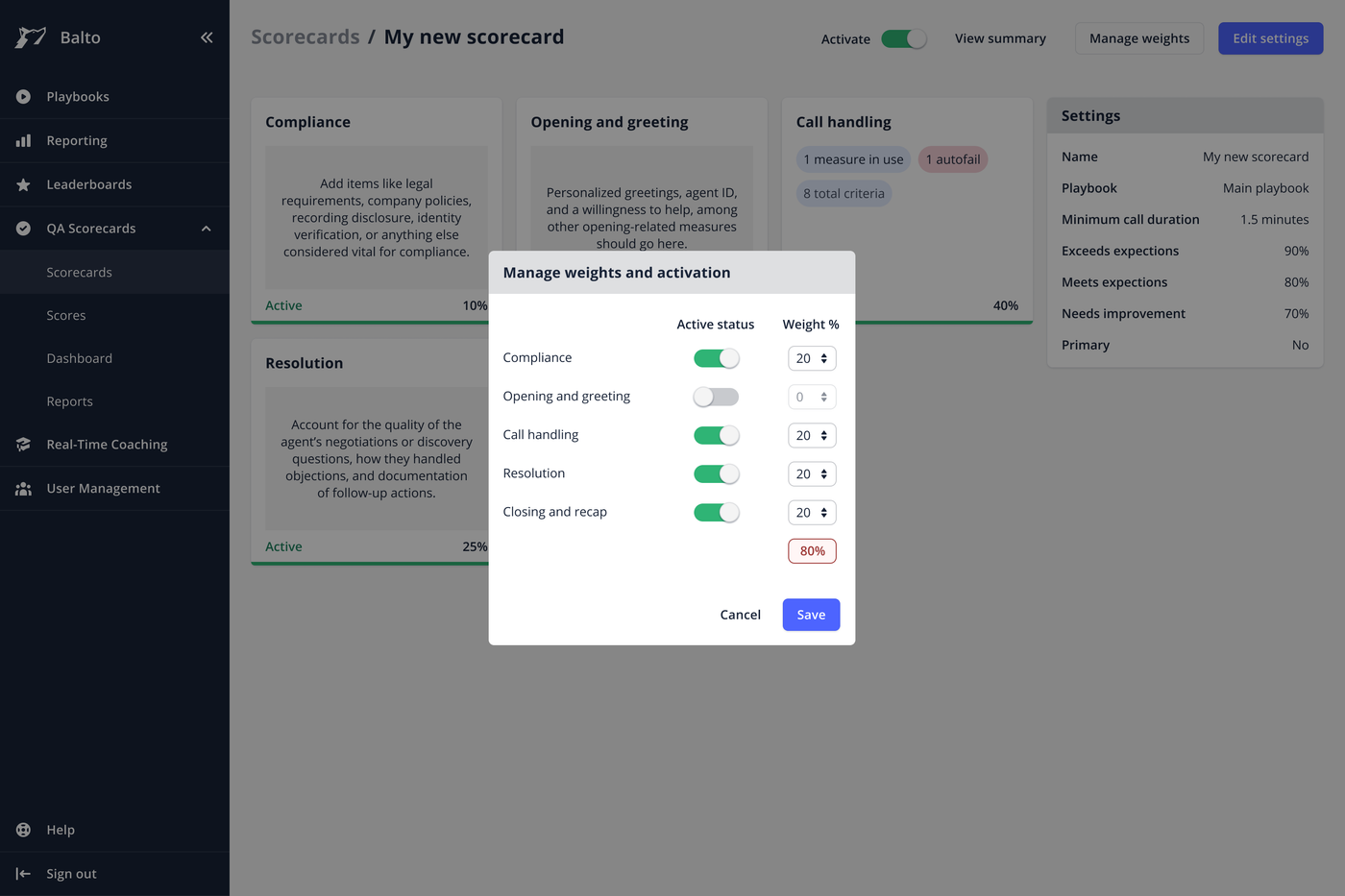 QA Scorecard builder interface displaying call evaluation categories, percentage weights, and scorecard configuration settings