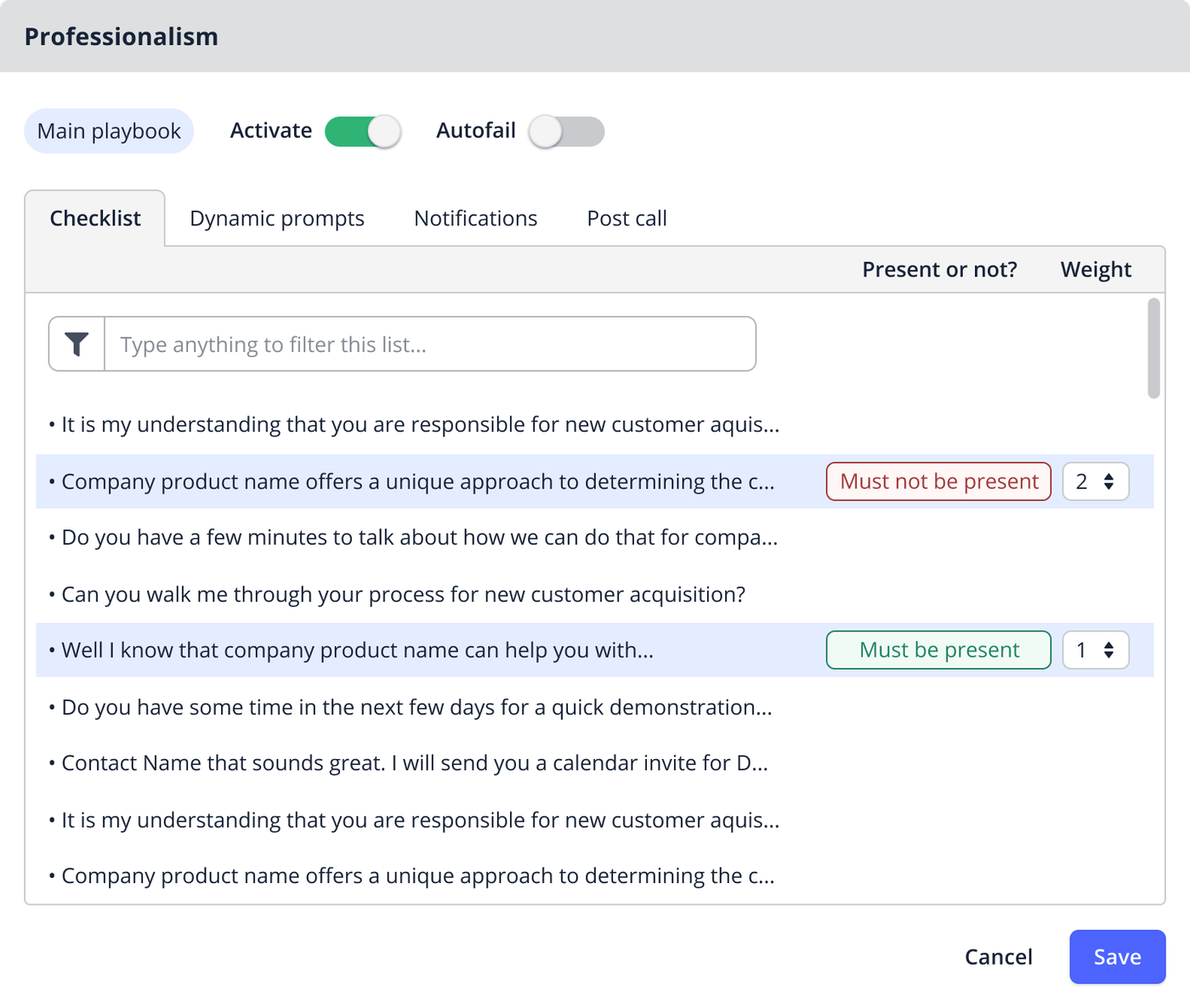 Playbook rule configuration interface mapping phrase criteria, presence requirements, and point weights