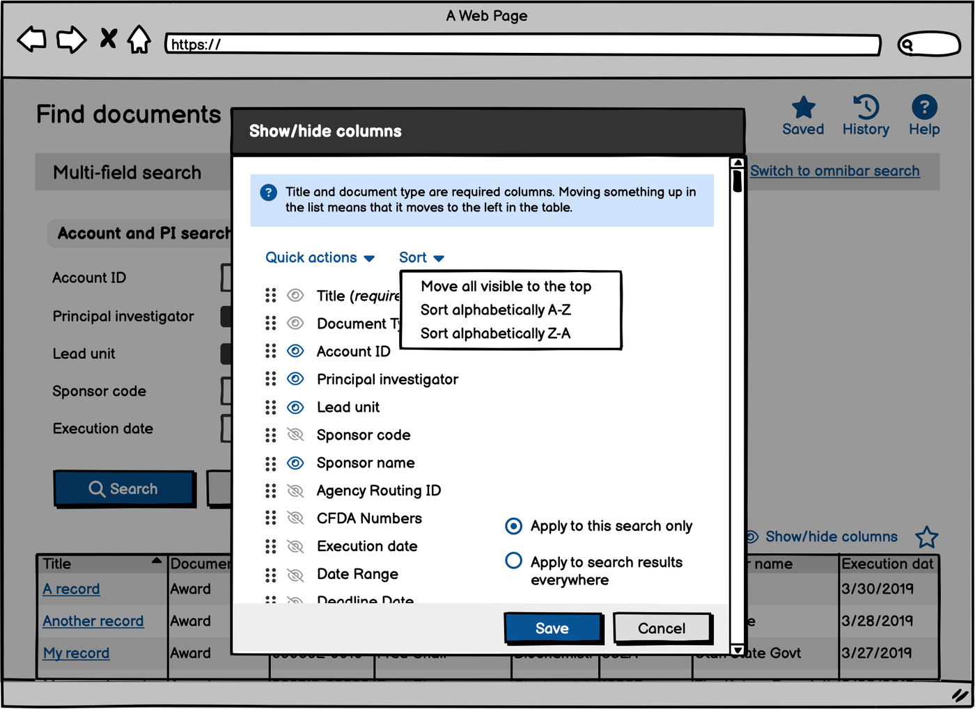 Sketch, show and hide columns dialog