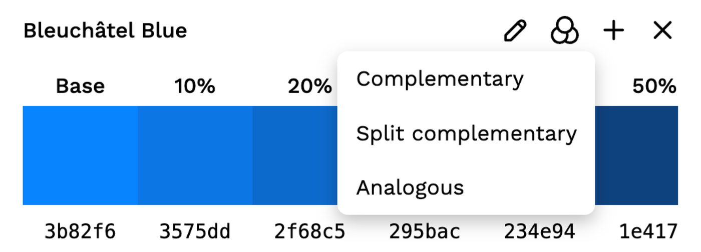 Tint & Shade Generator palettes with complementary colors menu open