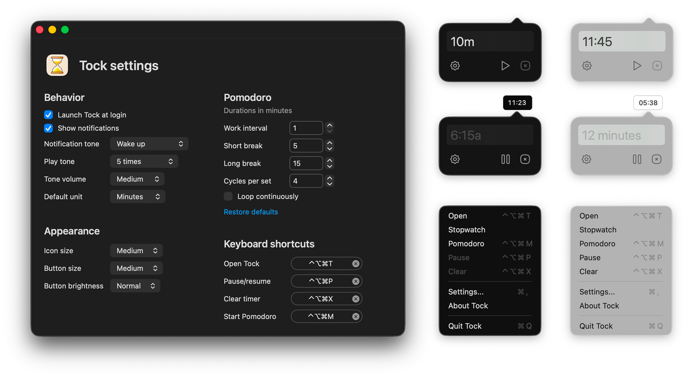 Collage of various Tock popovers and settings menu