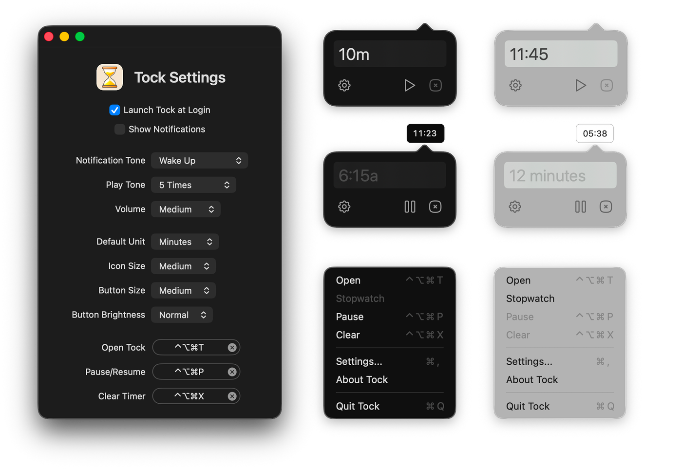 Collage of various Tock popovers and settings menu
